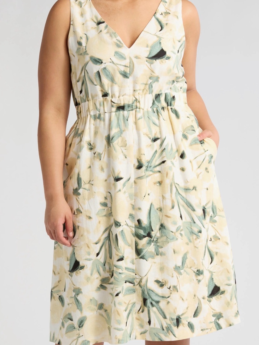 Anne Klein Floral Print Linen Blend Fit & Flare Midi Dress Plus Size Womens 22W